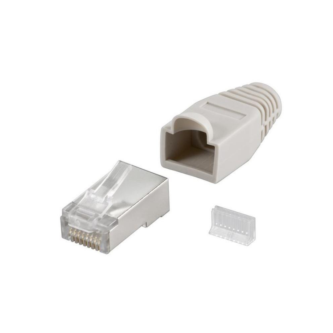 10 Conectores con Guía Rj45 Cat5e STP Blindado y Protector Color Gris