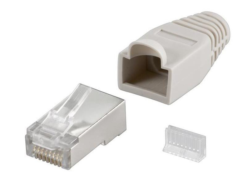 10 Conectores con Guía Rj45 Cat5e STP Blindado y Protector Color Gris