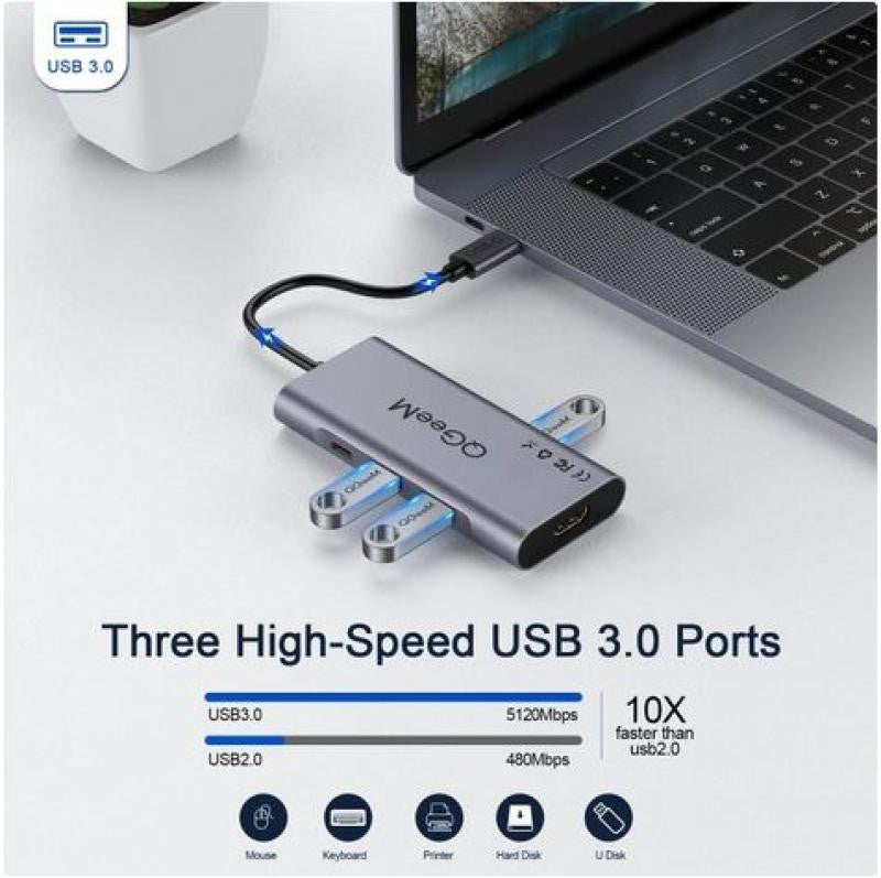 Dock Station Usb-c con USB 3.0 * 3 / 100w PD3.0 4K Hdmi HD Display SD TF - Gris 3.1 Tipo C