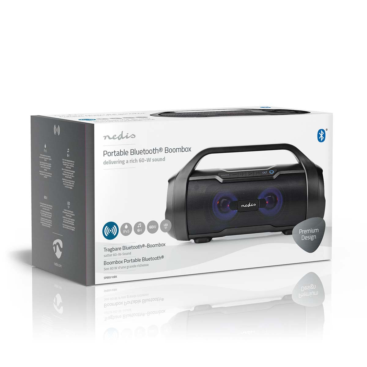 Boombox Bluetooth® Party | Hasta 6 Horas 2.0 60 W Reproducción de Medios: AUX / Micro SD USB Ipx5 Enlazable Asa Transporte Negr