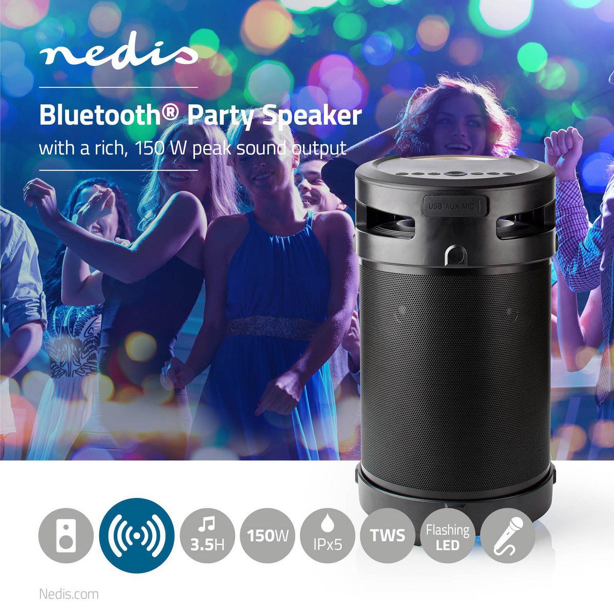 Boombox Bluetooth® Party | Hasta 3,5 Horas 4.1 150 W Reproducción de Medios: AUX / USB Ipx5 Enlazable Asa Transporte Luces Fies