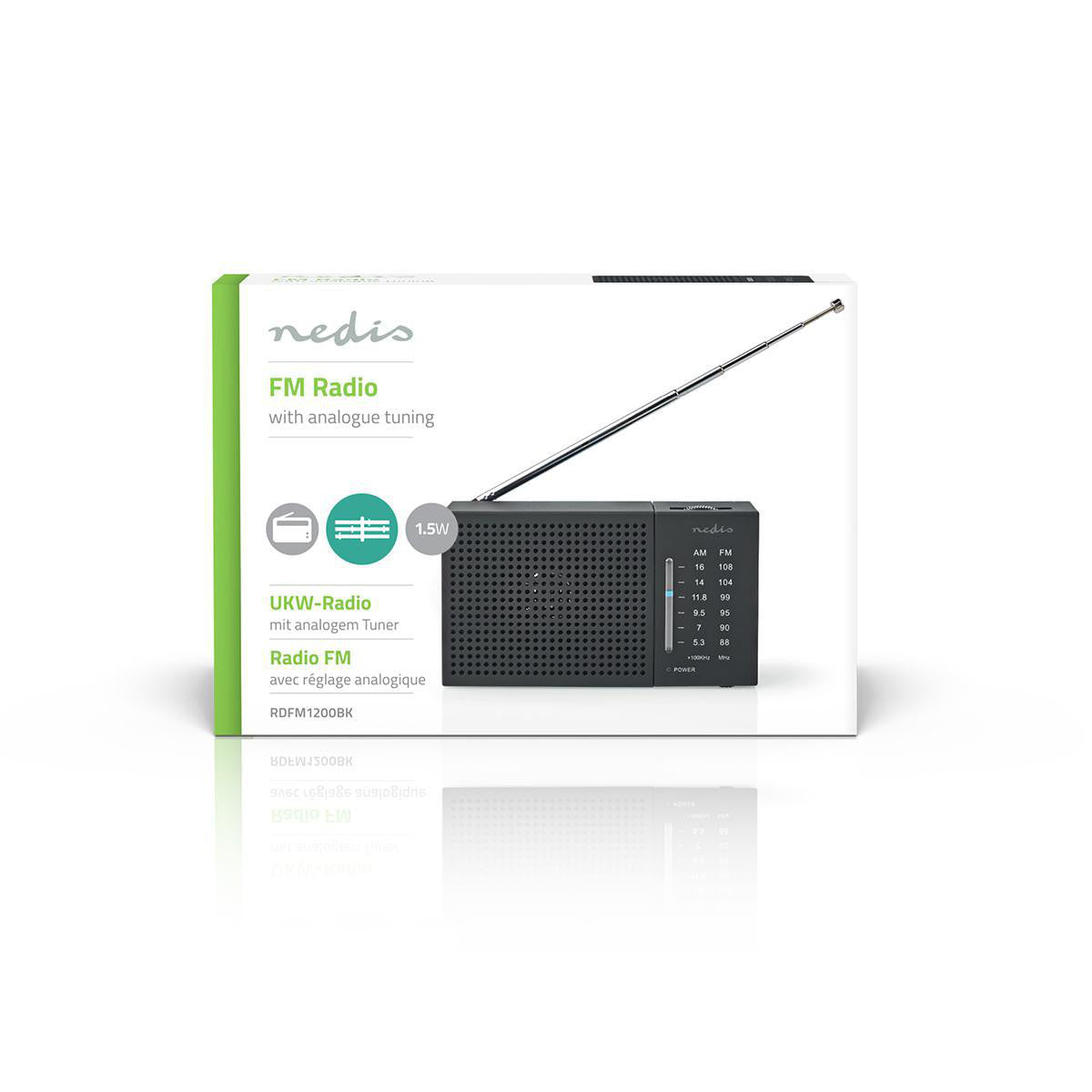 Radio FM | Diseño Portátil AM / Alimentado por Baterias Analógico 1.5 W Pantalla Blanca Negra Salida de Auriculares Negro