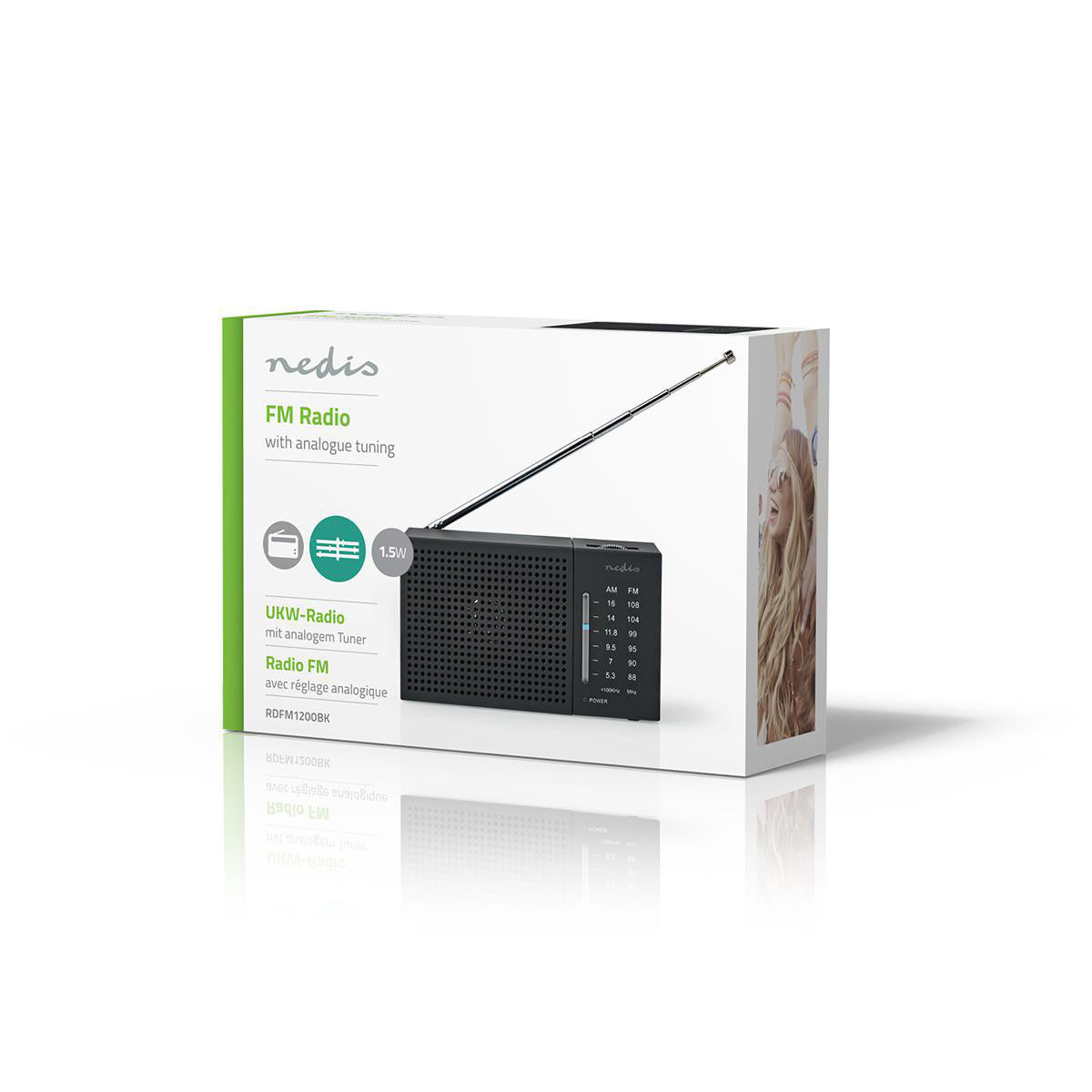 Radio FM | Diseño Portátil AM / Alimentado por Baterias Analógico 1.5 W Pantalla Blanca Negra Salida de Auriculares Negro