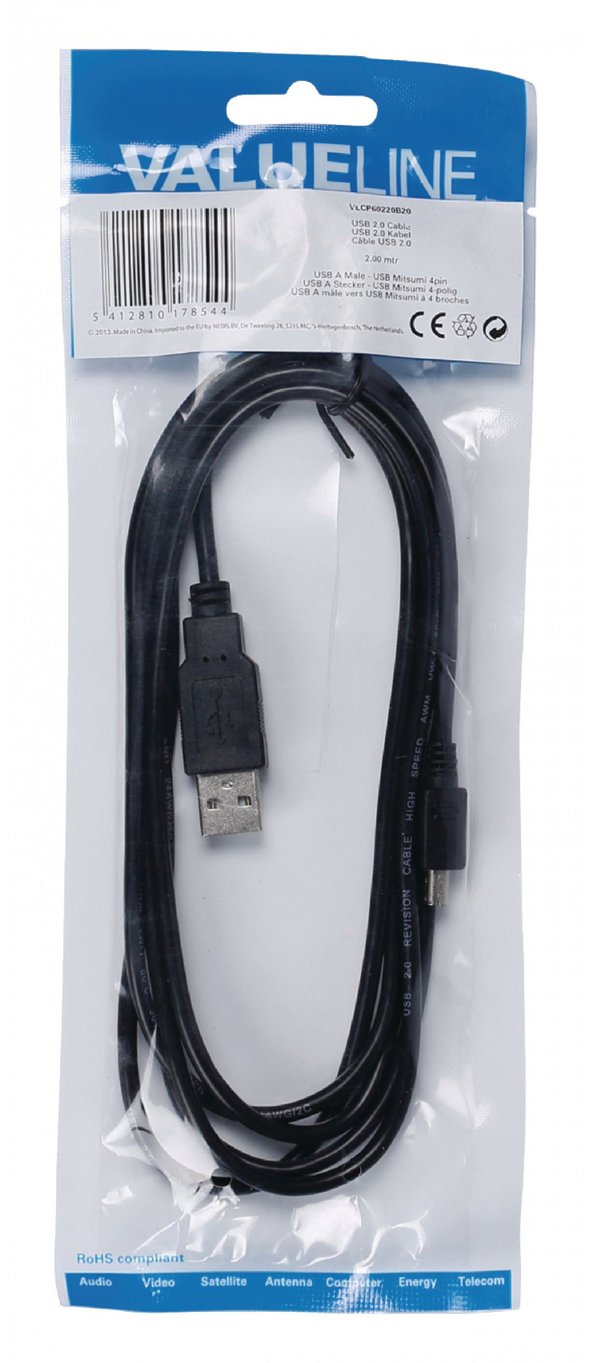 Cable USB 2.0, A Macho - Mitsumi 4-pines Macho, de 2 m