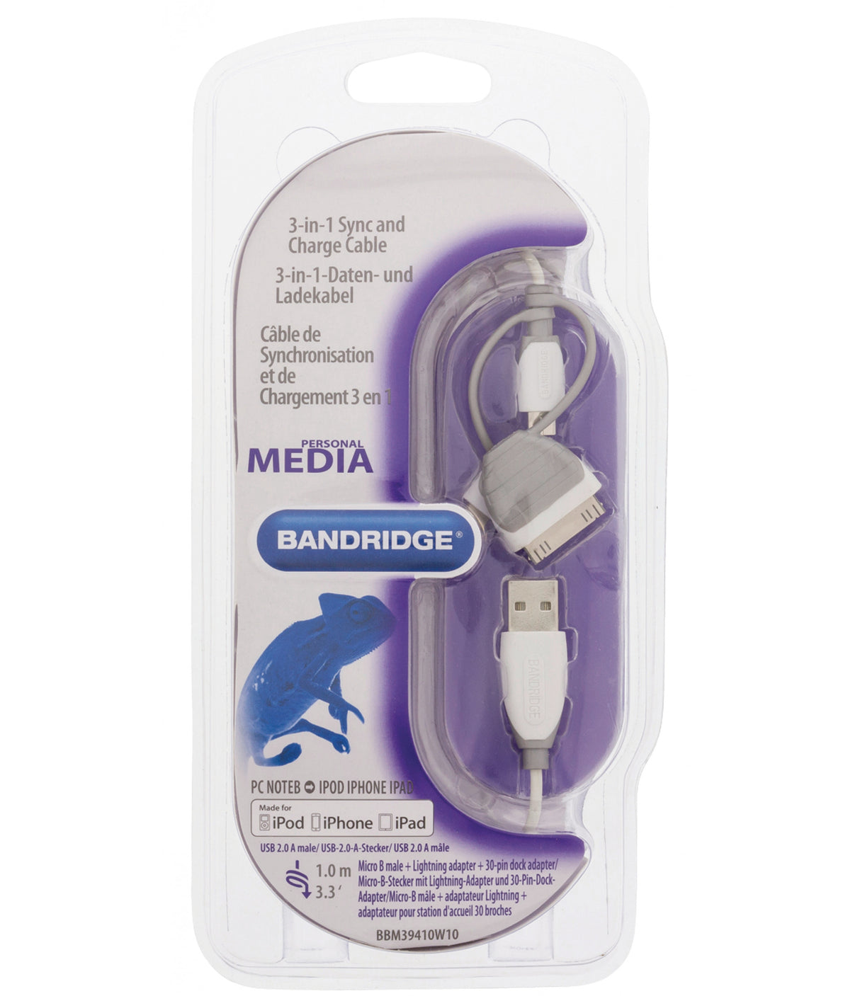 Cable 3 en 1 de Carga y Sincronización USB 2.0 A Macho - Micro B con Adaptador Lightning int