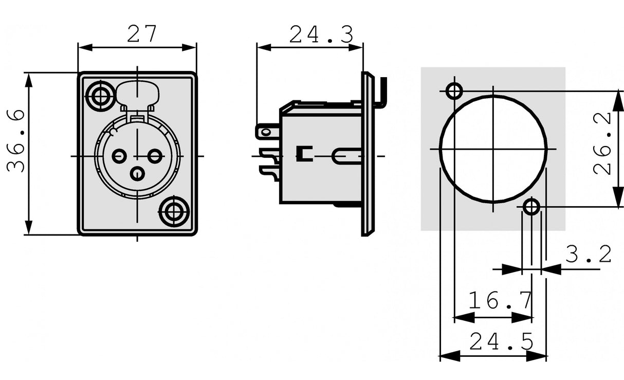 XLR Panel-mount Female Receptacle 3 N/A P Conexión de Soldadura Niquelado Conectores Audio