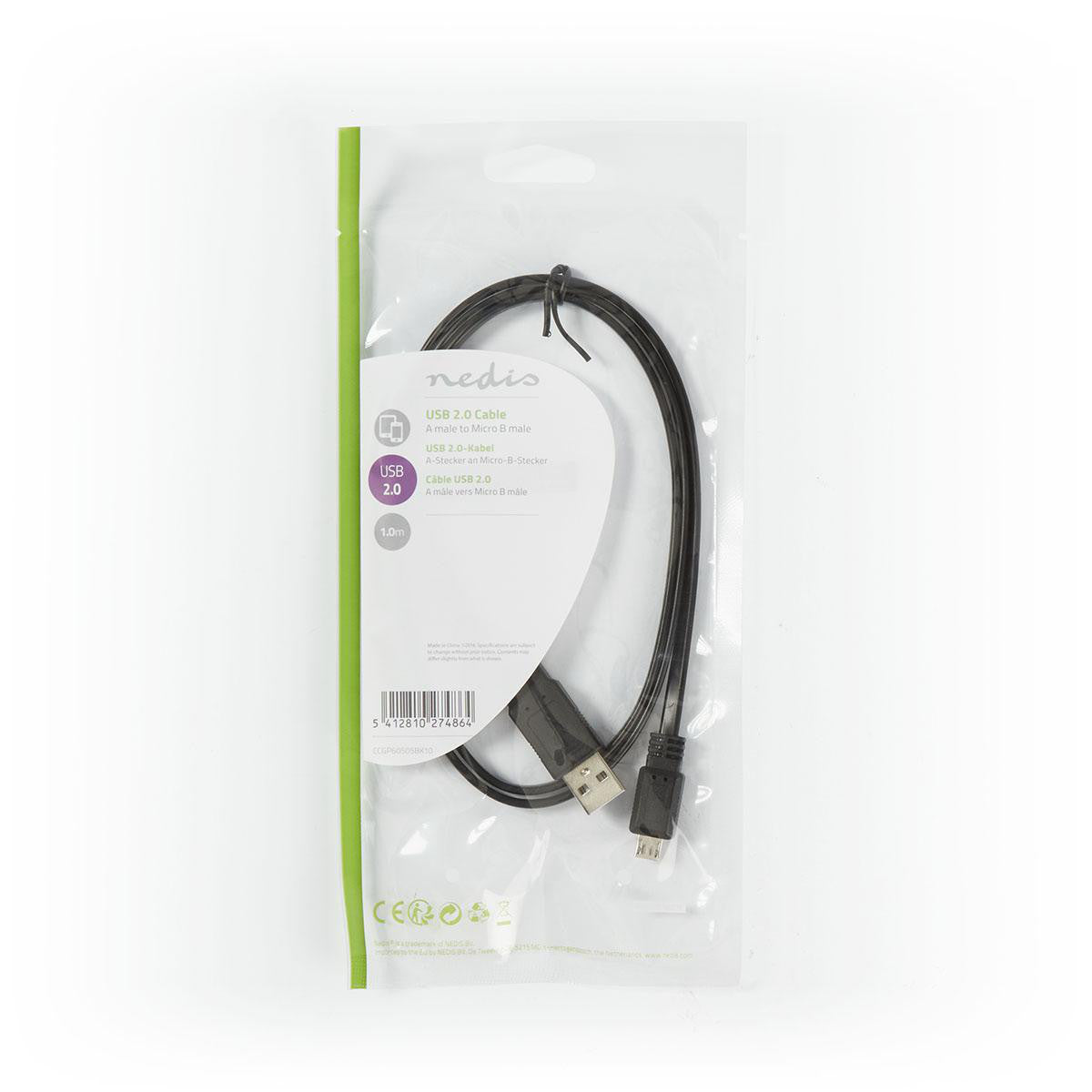 Cable Plano USB 2.0 | A Macho - Micro B 1,0 m Negro