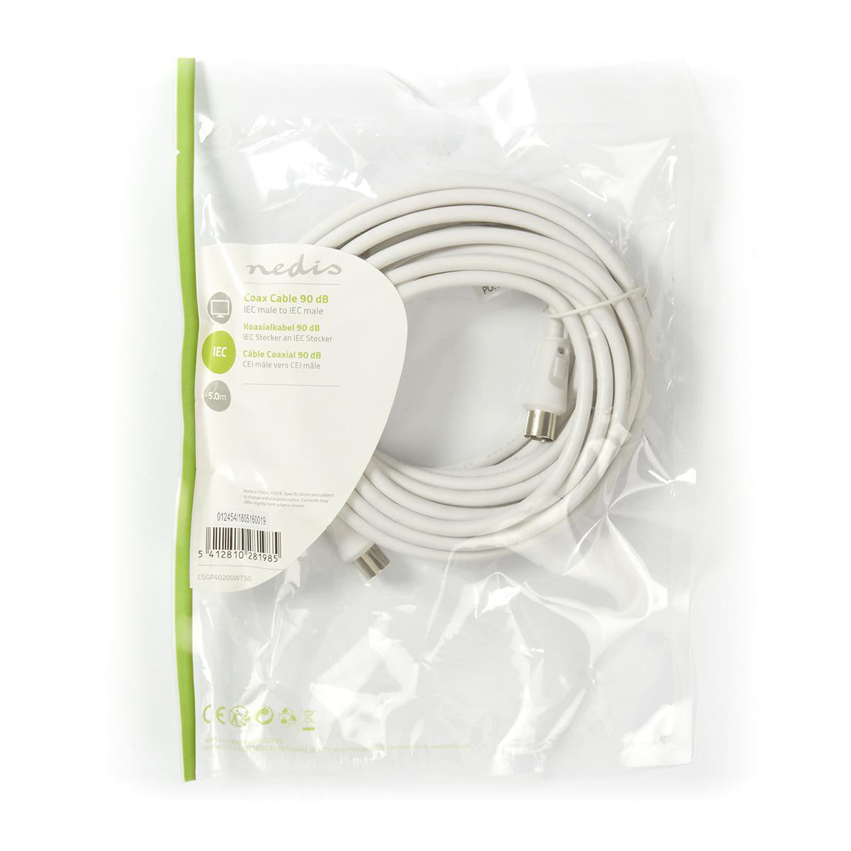 Cable antena de 90 dB Macho - 5,0 m Blanco en bolsa