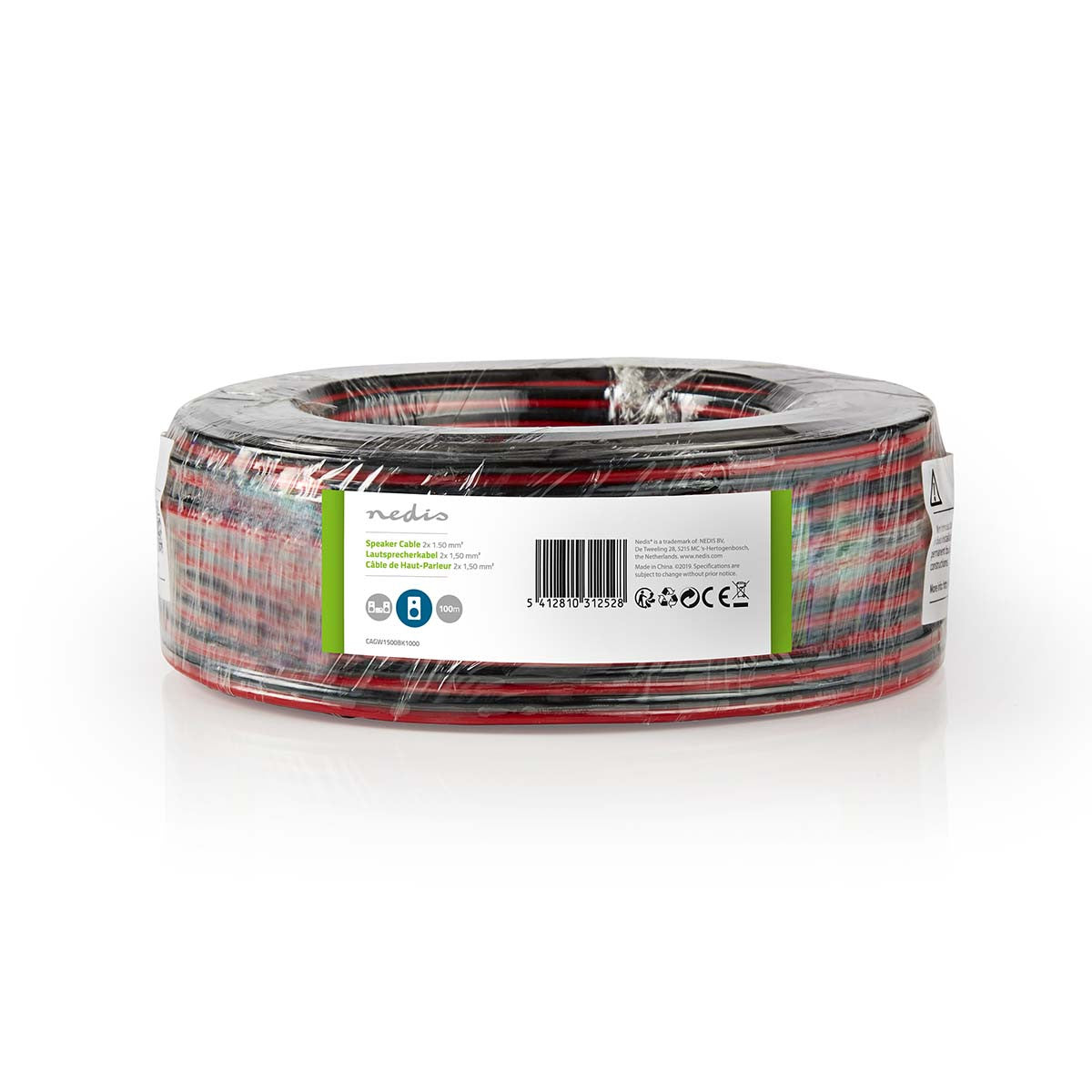 Cable de Altavoz | 2x 1.50 mm² CCA 100.0 m Redondo PVC Negro / Rojo