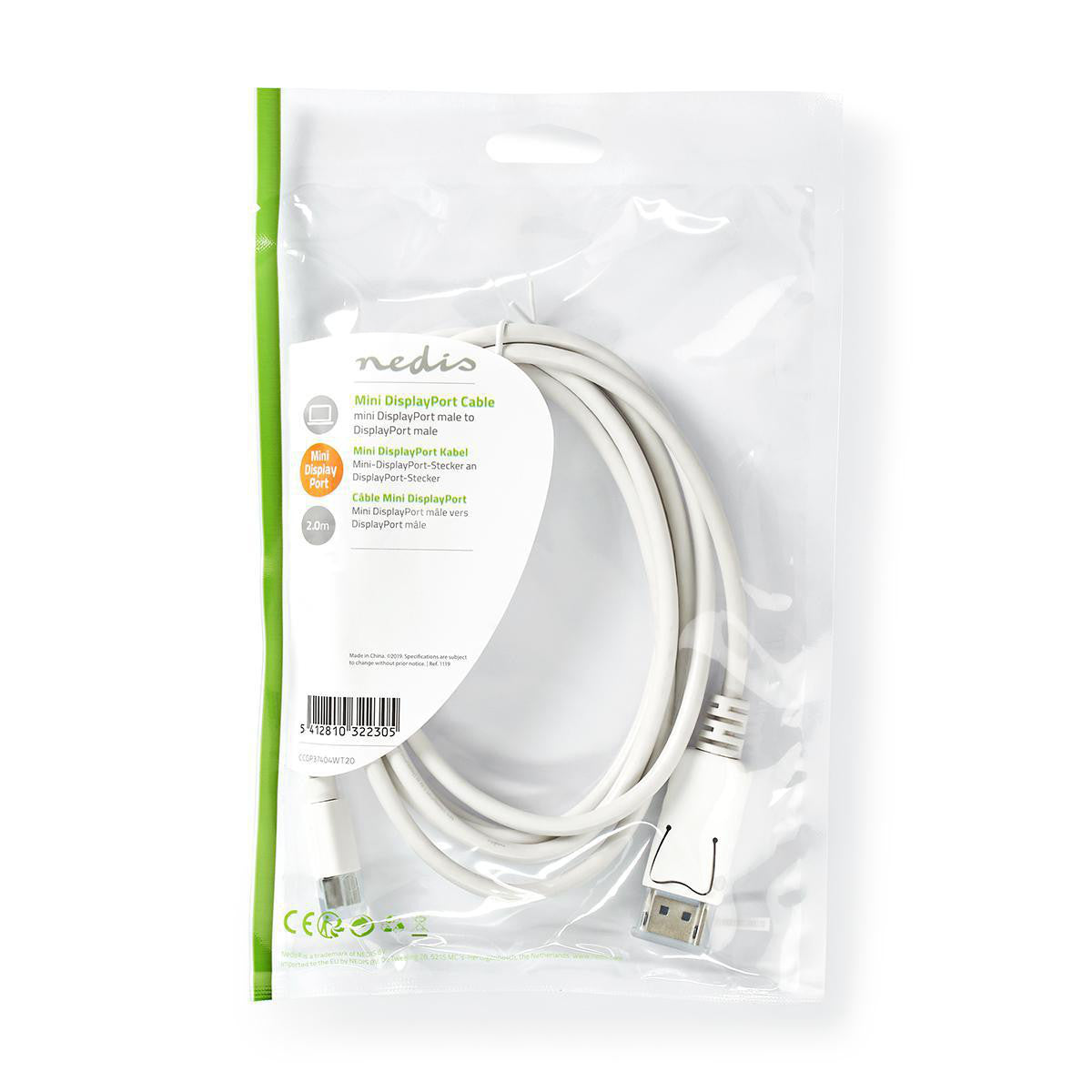 Cable Mini Displayport | 1.4 Macho 48 Gbps Niquelado 2.00 m Redondo PVC Blanco Bolsa Polybag Cables