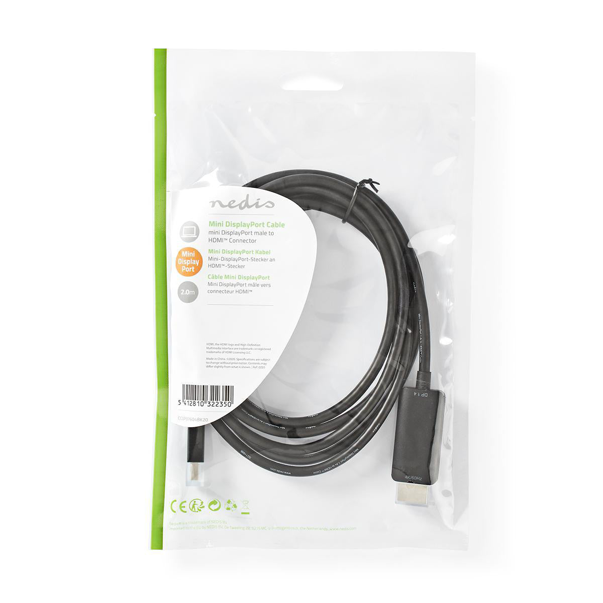 Cable Mini Displayport | 1.4 Macho Conector Hdmi? 48 Gbps Niquelado 2.00 m Redondo PVC Negro Bolsa Polybag Cables