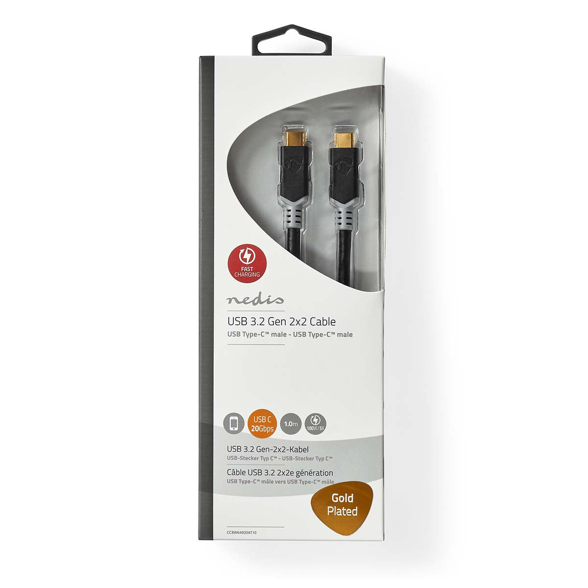 Cable USB | 3.2 Gen 2x2 Type-c ? Macho 20 Gbps 100 W Chapado en oro 1.00 m Redondo PVC Antracita Caja de Ventana