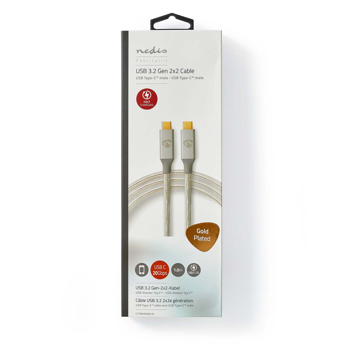 Cable USB | 3.2 Gen 2x2 Type-c ? Macho 20 Mbps 100 W Chapado en oro 1.00 m Redondo Nylon / Trenzado Plata Caja de Ventana