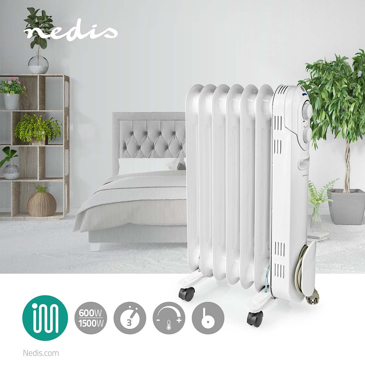 Radiador de Aceite Portátil | 600 / 900 1500 W 7 Aletas Termostato Ajustable 3 Configuraciones Calor Protección Contra Caidas B