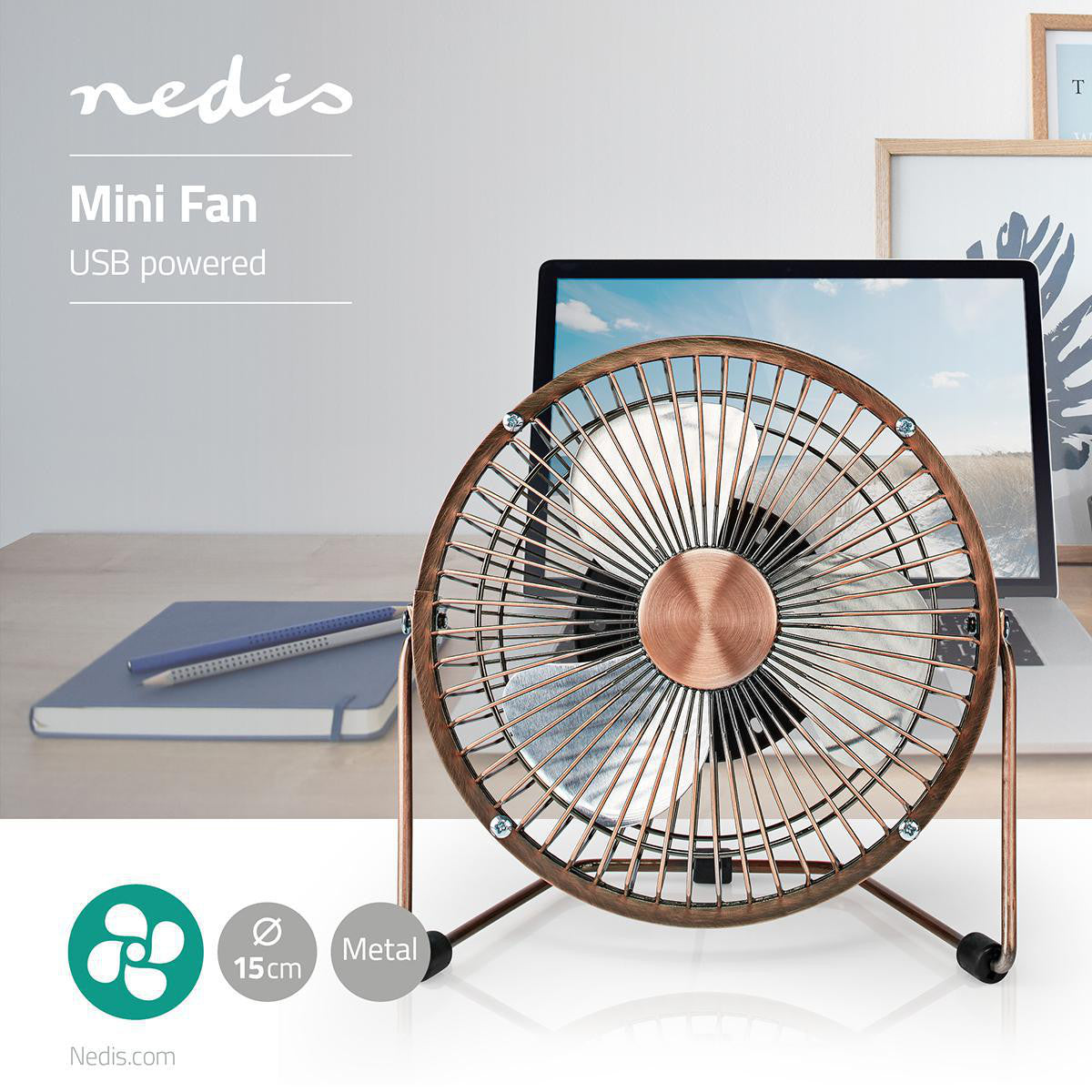 Ventilador de Mesa | Alimentado por USB Diámetro: 15 cm 3 W 1 Velocidad Cobre