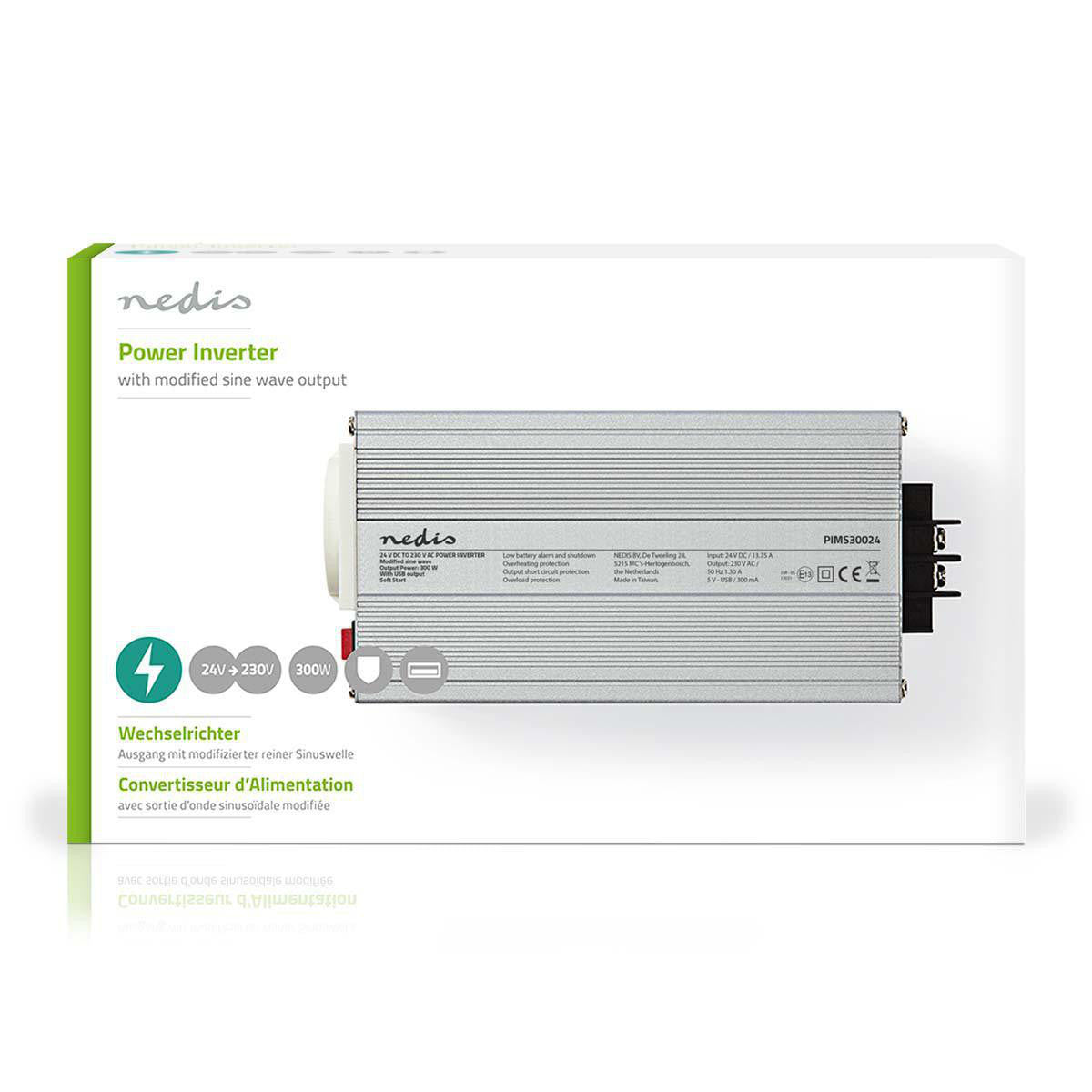 Inversor de Potencia Onda Sinusoidal Modificada | 24 V CC - 230 CA 300 W 1x Conector Schuko Salida USB Inverter