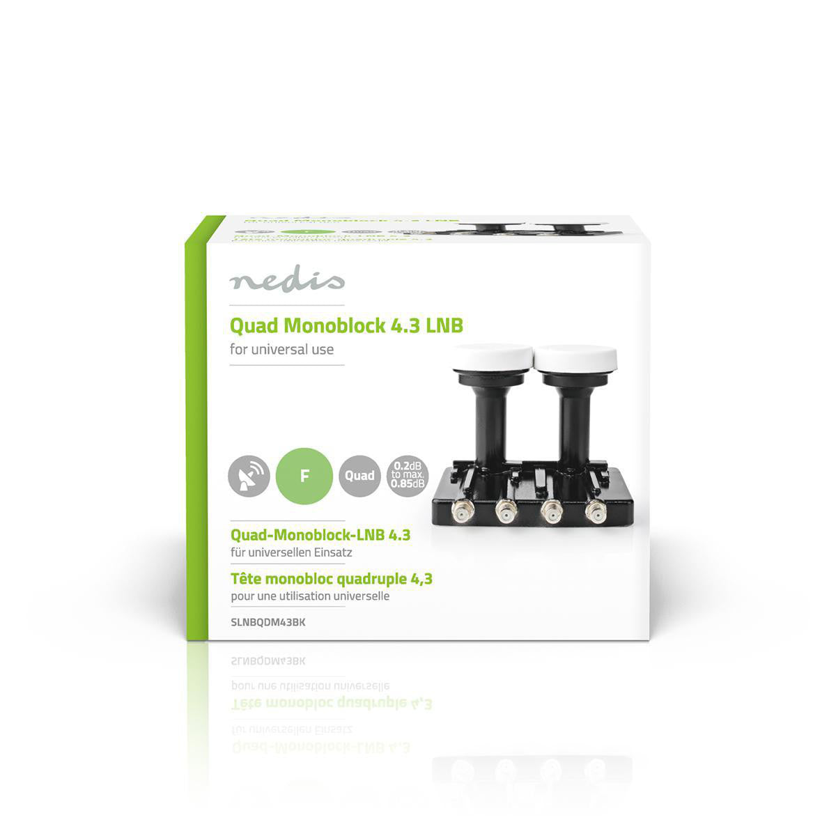 LNB | Quad Monoblock 4.3° Conexión de Salida: 4x Conector F Rango Figura Ruido: 0.85 dB Ganancia Conversión: 52-67 Blanco Acces