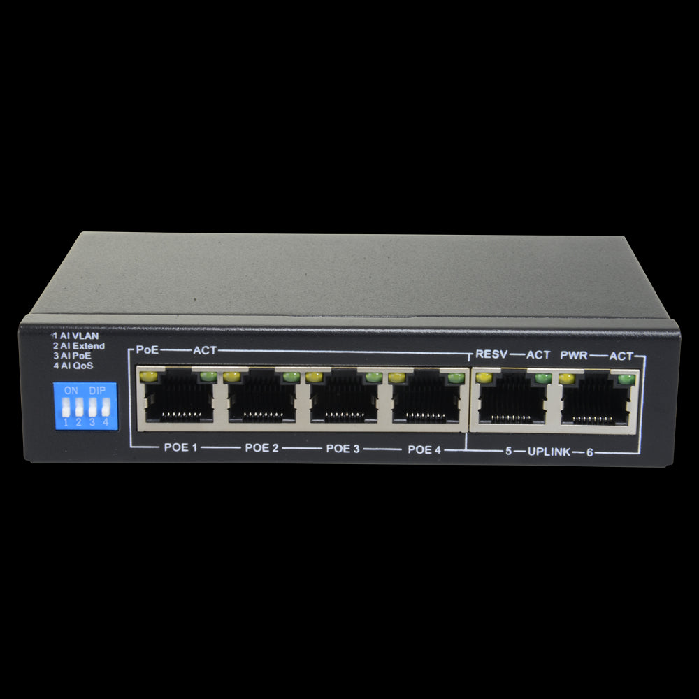 Switch PoE - 4 Puertos + 2 Uplink Rj45 Velocidad Hasta 100 Mbps en Todos los 60W Total Para Ancho de Banda 1.2 Gbps Norma Ieee8