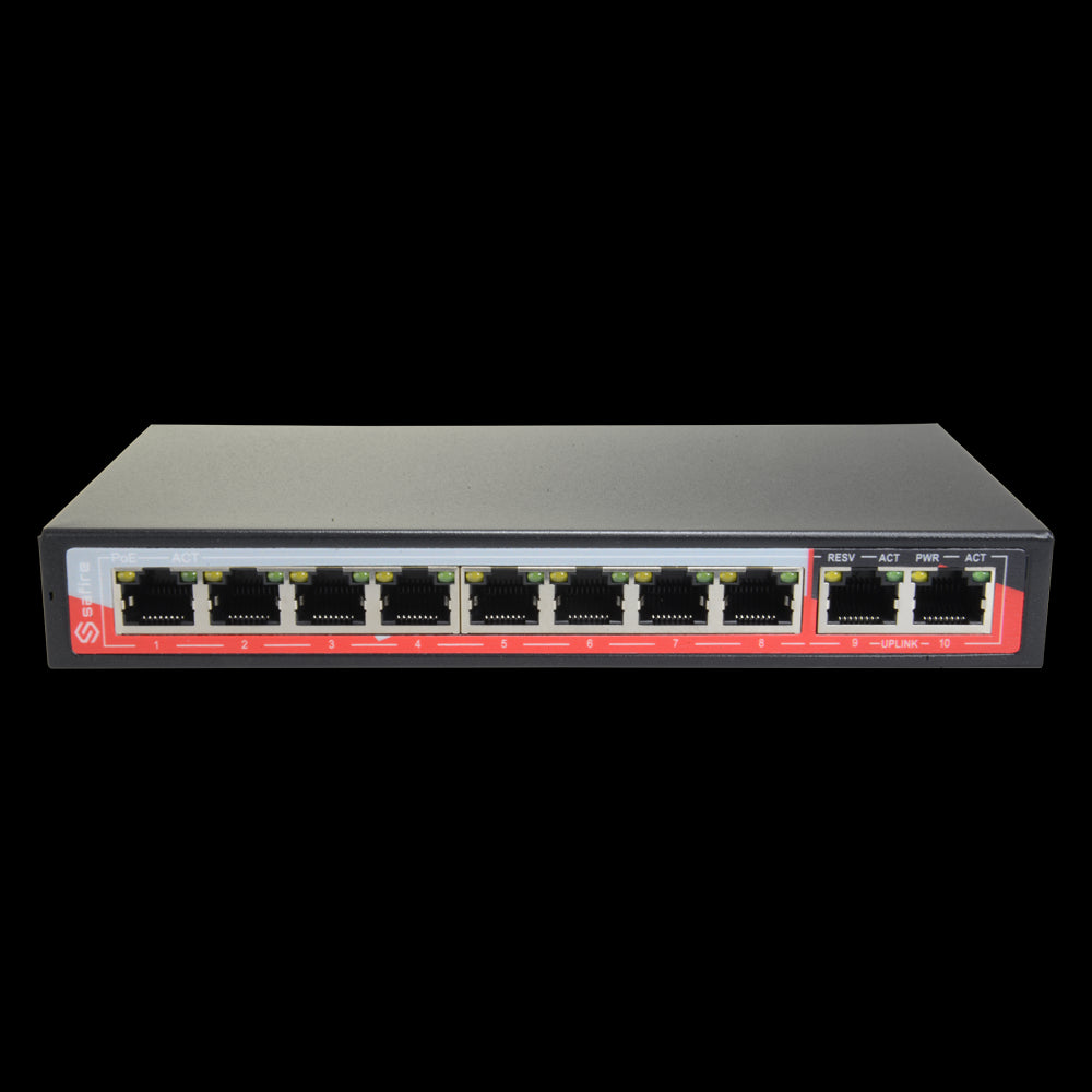 Switch PoE - 8 Puertos + 2 Uplink Rj45 Velocidad 10/100 Mbps Funciones: Ai Vlan/qos/cctv Extend/poe Norma Ieee802.3at (PoE) / a