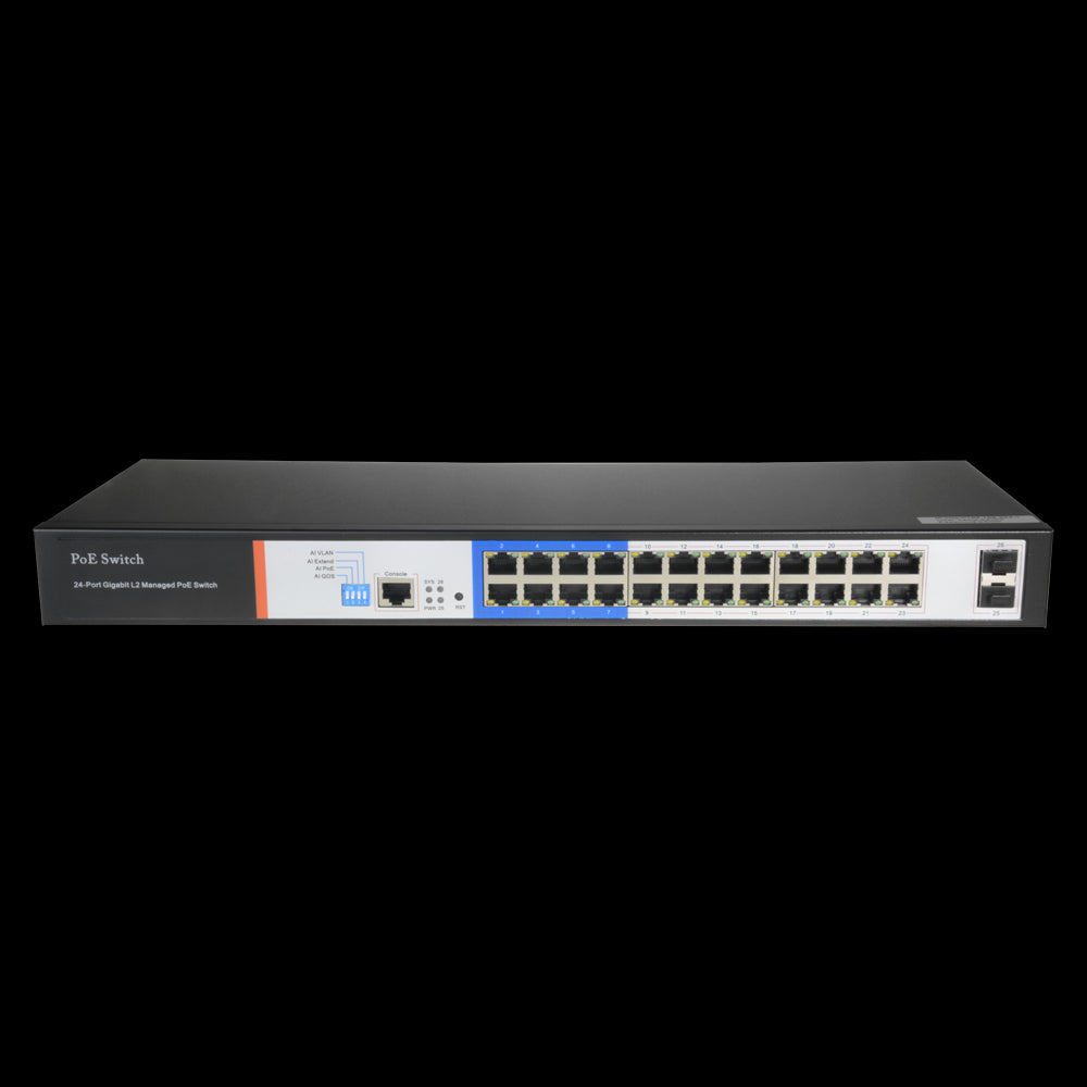 Switch PoE - 24 Puertos + 2 Gigabit SFP Velocidad 10/100/1000 Mbps 46 W por Puerto / Máximo 250w Modo Cctv: Hasta 250m de Alcan