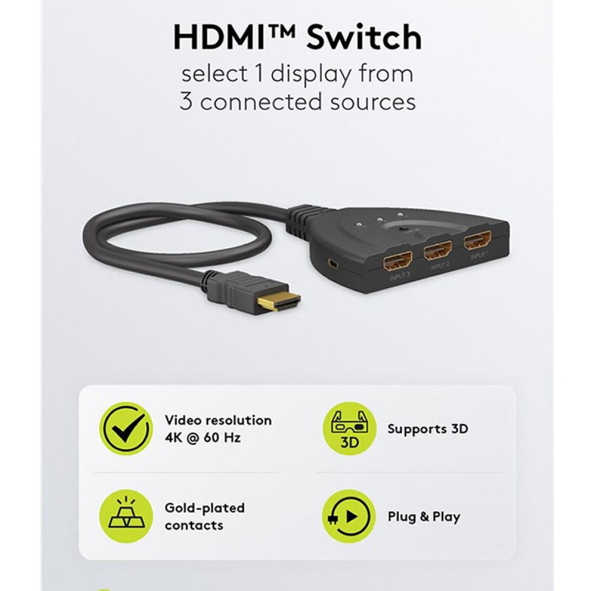 Switch manual HDMI™ 3 a 1 de resolución 4K a 60 Hz de 0,55m de longitud, negro