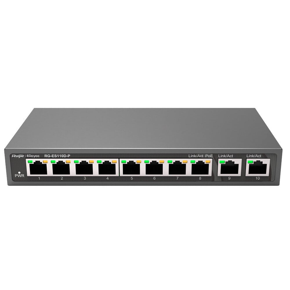 Reyee Switch PoE 100w de sobremesa de 8 puertos RJ45 10/100 Mbps + 2 Uplink Gigabit con carcasa de metal