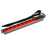 Regleta RACK de 19" x 1U x 8 SCHUKOS con interruptor y cable de 3 metros SCHUKO - Rojo