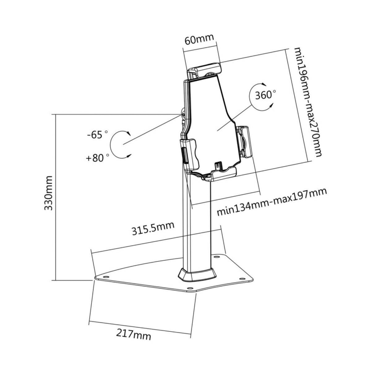 Soporte Antirrobo sobremesa Ajustable (1 Pivote) para Tablet | Inclinación -65º / +80º | Rotación -180º / +180º | Negro