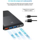 Powerbank KSIX Ultra fina | Polímero de litio | 20.000 mAh | 22,5 W | Power Delivery | Cable USB-C a USB-C incluida - Negro