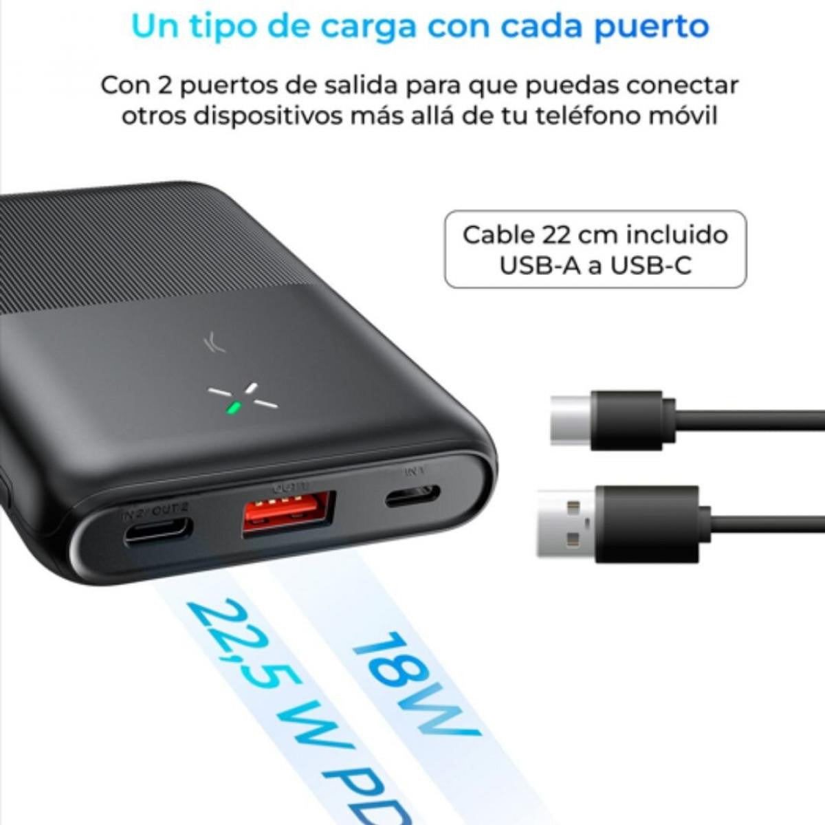 Powerbank KSIX Ultra fina | Polímero de litio | 10.000 mAh | 22,5 W | Power Delivery | Cable USB-C a USB-C incluida - Negro