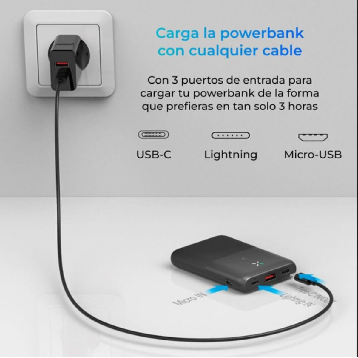 Powerbank KSIX Ultra fina | Polímero de litio | 10.000 mAh | 22,5 W | Power Delivery | Cable USB-C a USB-C incluida - Negro