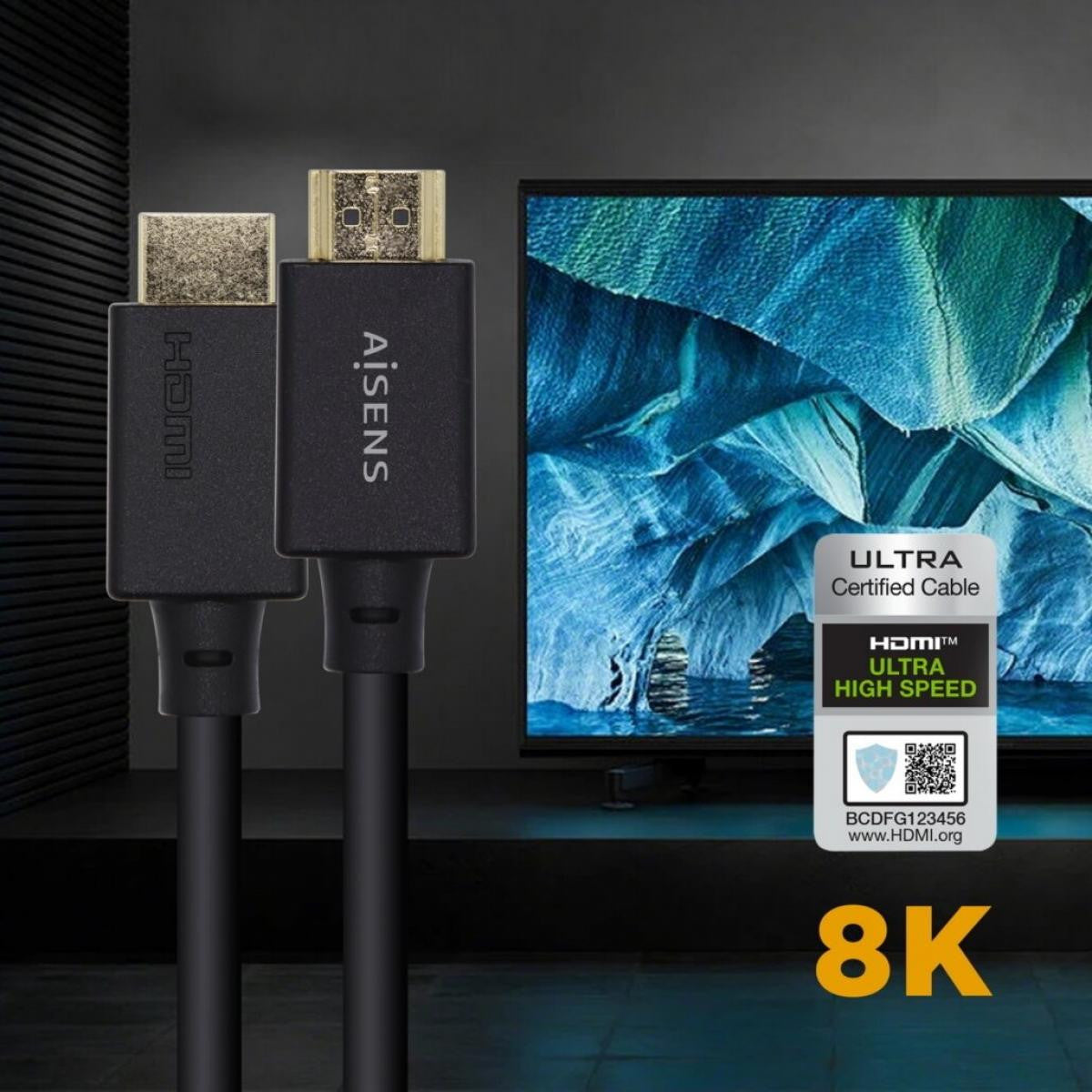 Cable HDMI V2.1 CERTIFICADO Ultra Alta Velocidad 8K@60Hz 48Gbps de 2 m | A/M-A/M | NEGRO