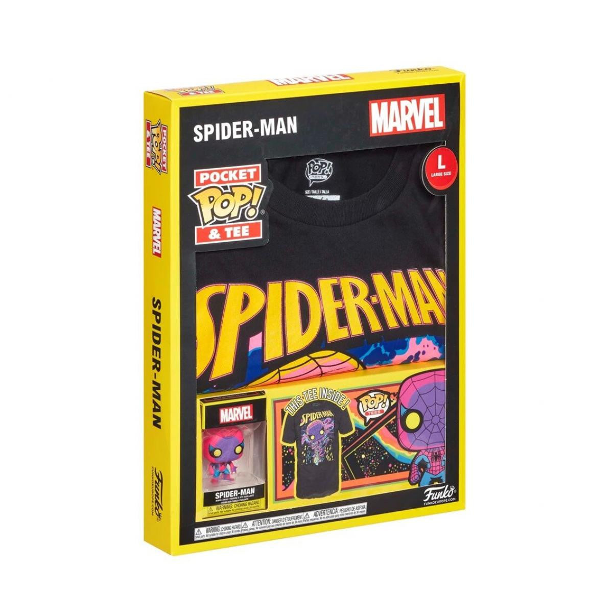 POP & TEE MARVEL SPIDERMAN BLACK LIGHT FUNKO + CAMISETA TALLA L para 10 - 11 años