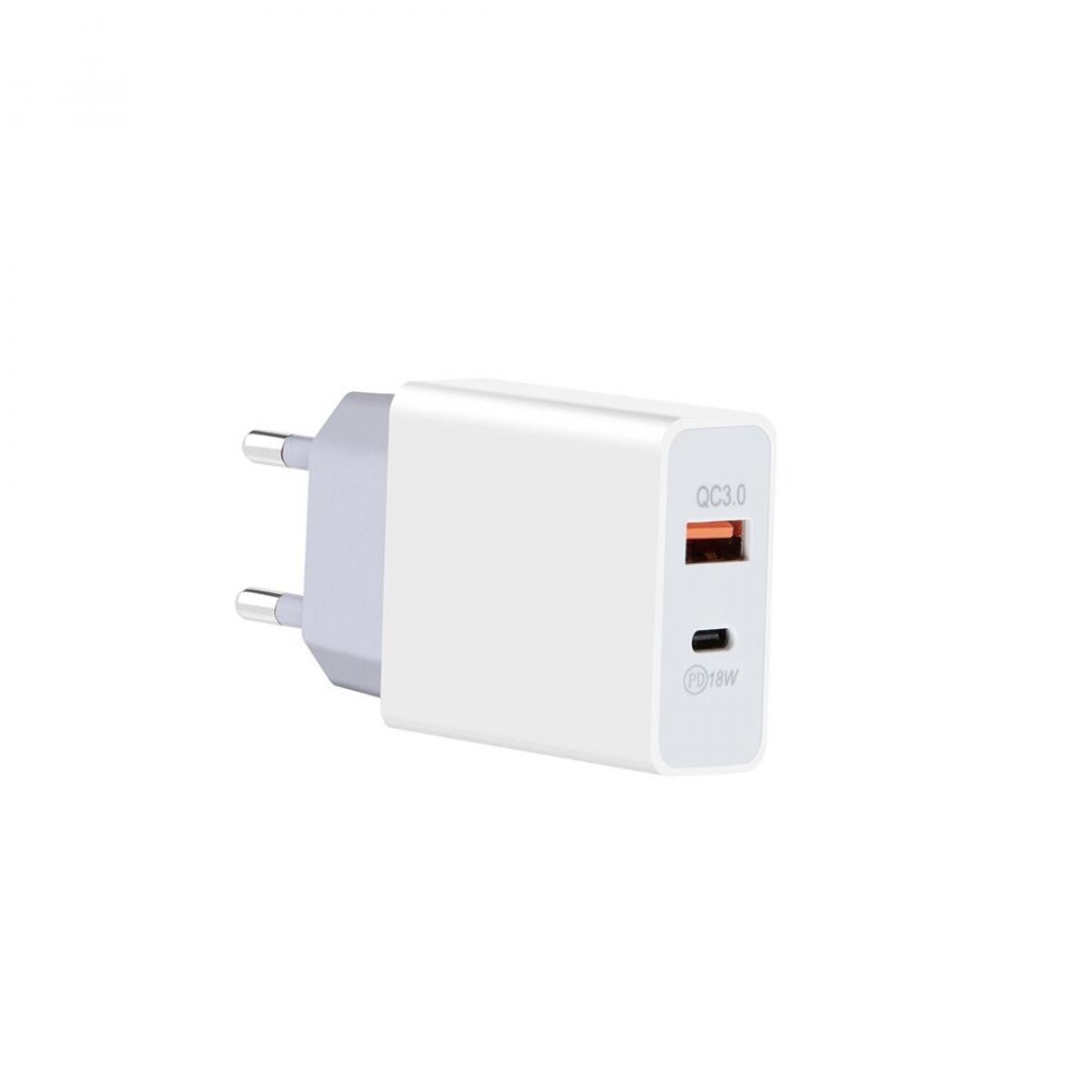 Cargador de red 30W PD 3,4A de Carga Rápida | 1 x USB-C 18W + 1 x USB-A 12W | Blanco