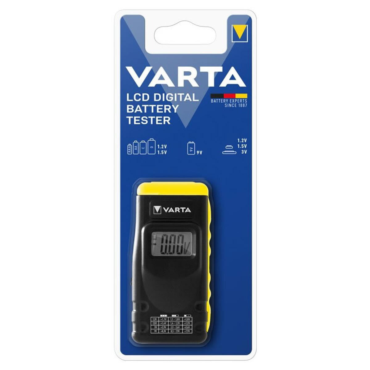 VARTA Multímetro Comprobador de Pilas LCD digital de pilas desechables, recargables electrónicas y de botón | AA, AAA, C, D,9V