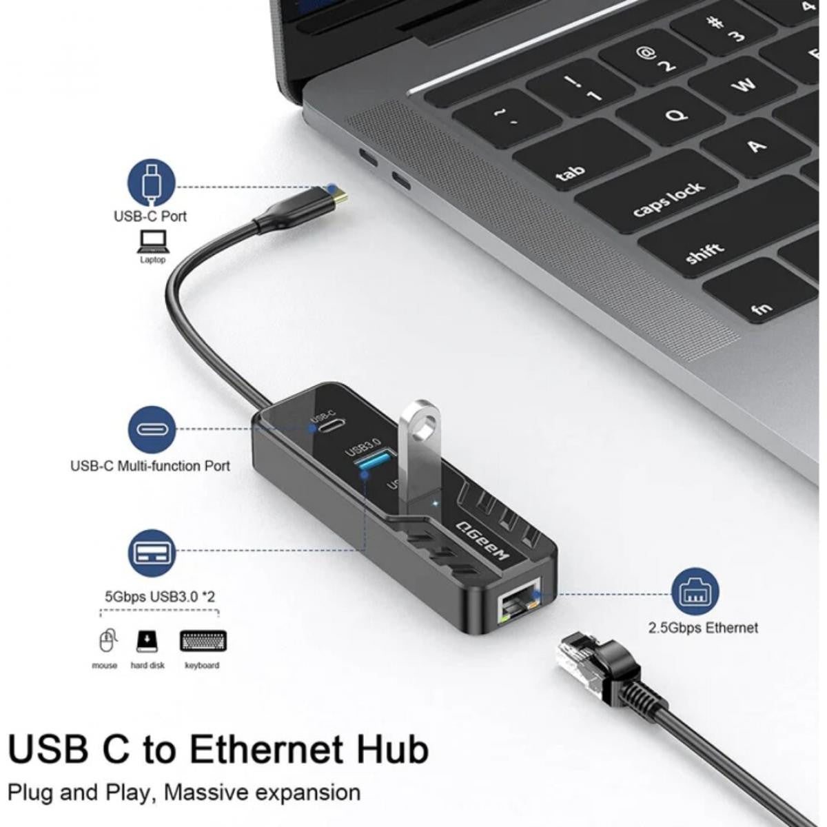 QGEEM - HUB USB-C con Puertos | 2 x USB-3.0 + 1x RJ45 de 2,5G + 1 x USB-C MULTIPORPOSE | Negro