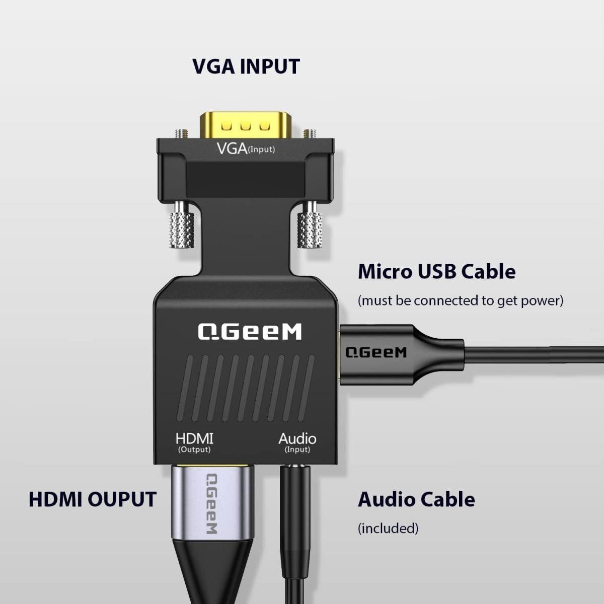 ADAPTADOR QGEEM - CONVERSOR VGA+AUDIO a HDMI | Cable de carga incluida | 60Hz | Negro