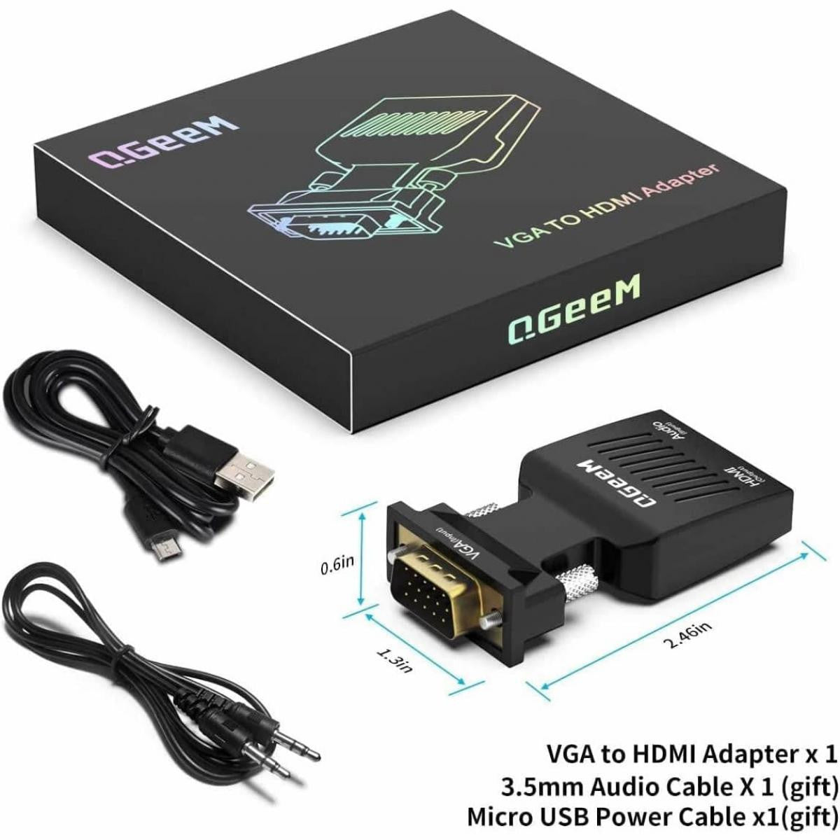 ADAPTADOR QGEEM - CONVERSOR VGA+AUDIO a HDMI | Cable de carga incluida | 60Hz | Negro