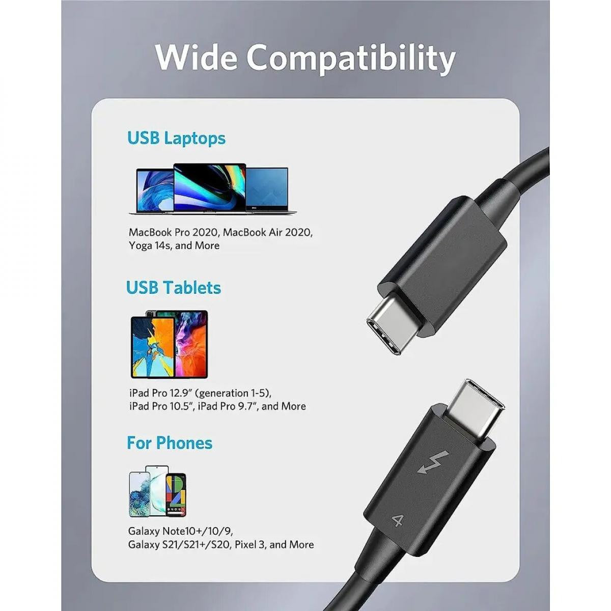 Cable QGEEM Thunderbolt 4 |  8K@60Hz | Transferencia de datos de 40 Gbps/cable USB-C a USB-C de carga de 100 W de 0,8 m