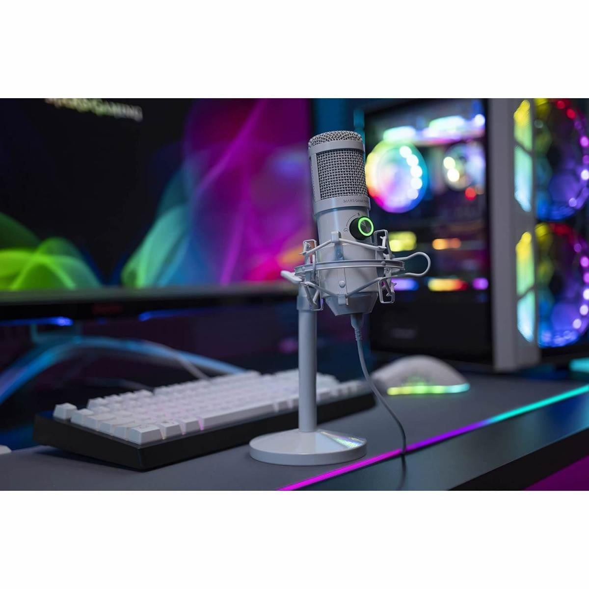 Micrófono Streaming MARSGAMING - Estudio Profesional LED | Mute | USB+Jack 3.5mm | Blanco