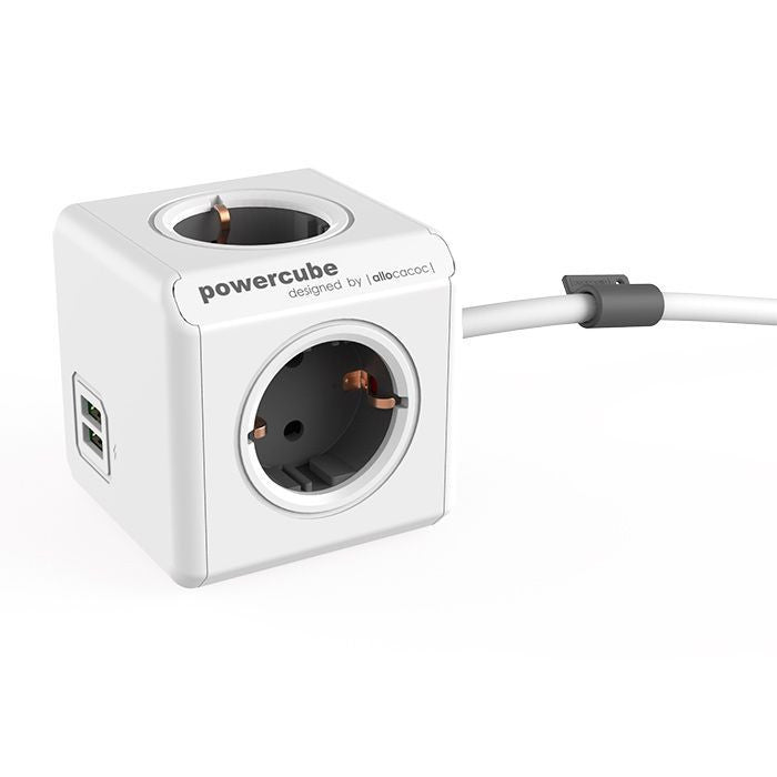 Toma Enchufes Powercube de 4 x Conexiones + 2 x USB-A Carga | Cable 1,5m | Blanco