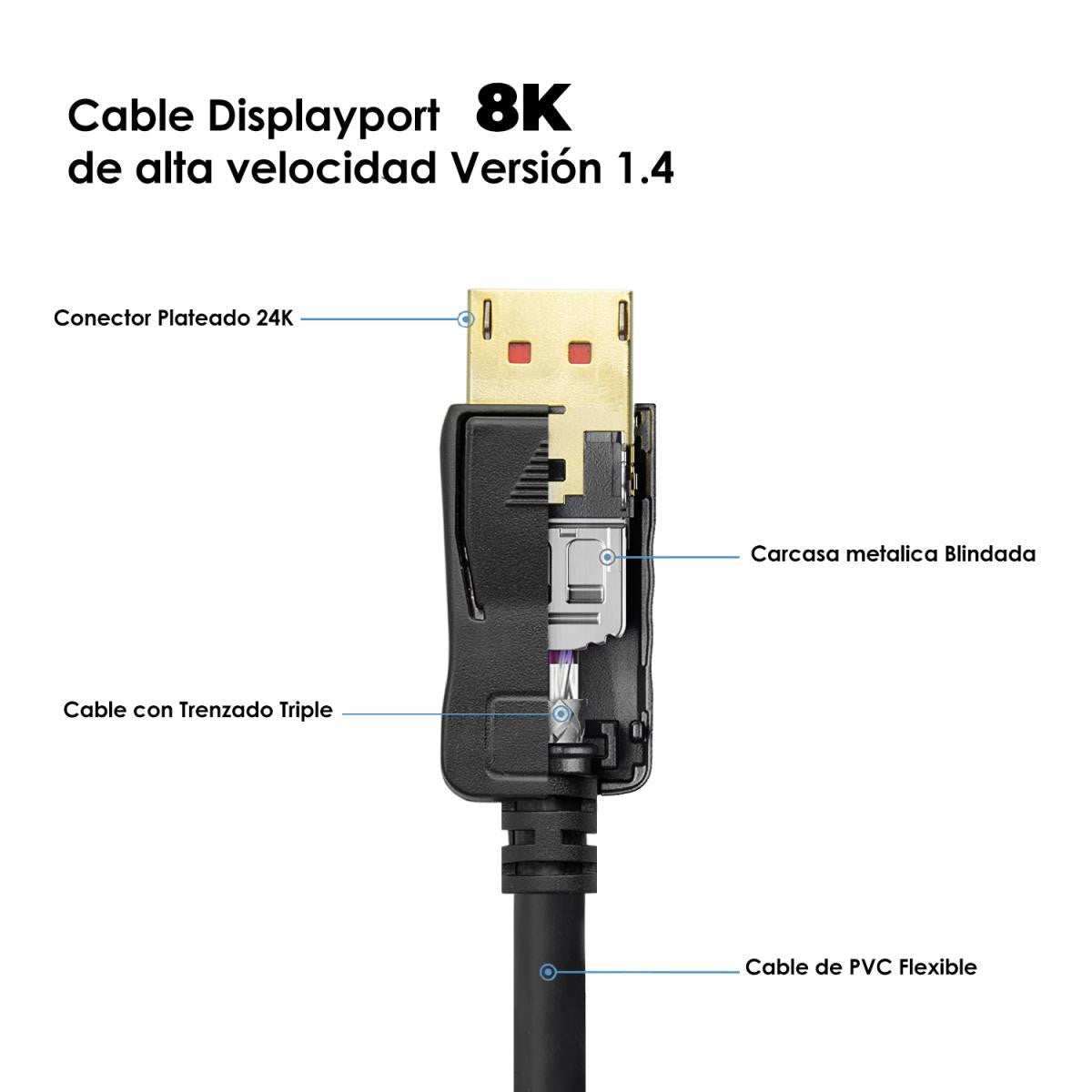 Cable Displayport v1.4 de | 8K@30hz | 5K@60hz | 4K@120hz  | Compatible Hdcp 2.2 | 3D y HDR Dinámico - De distintas medidas