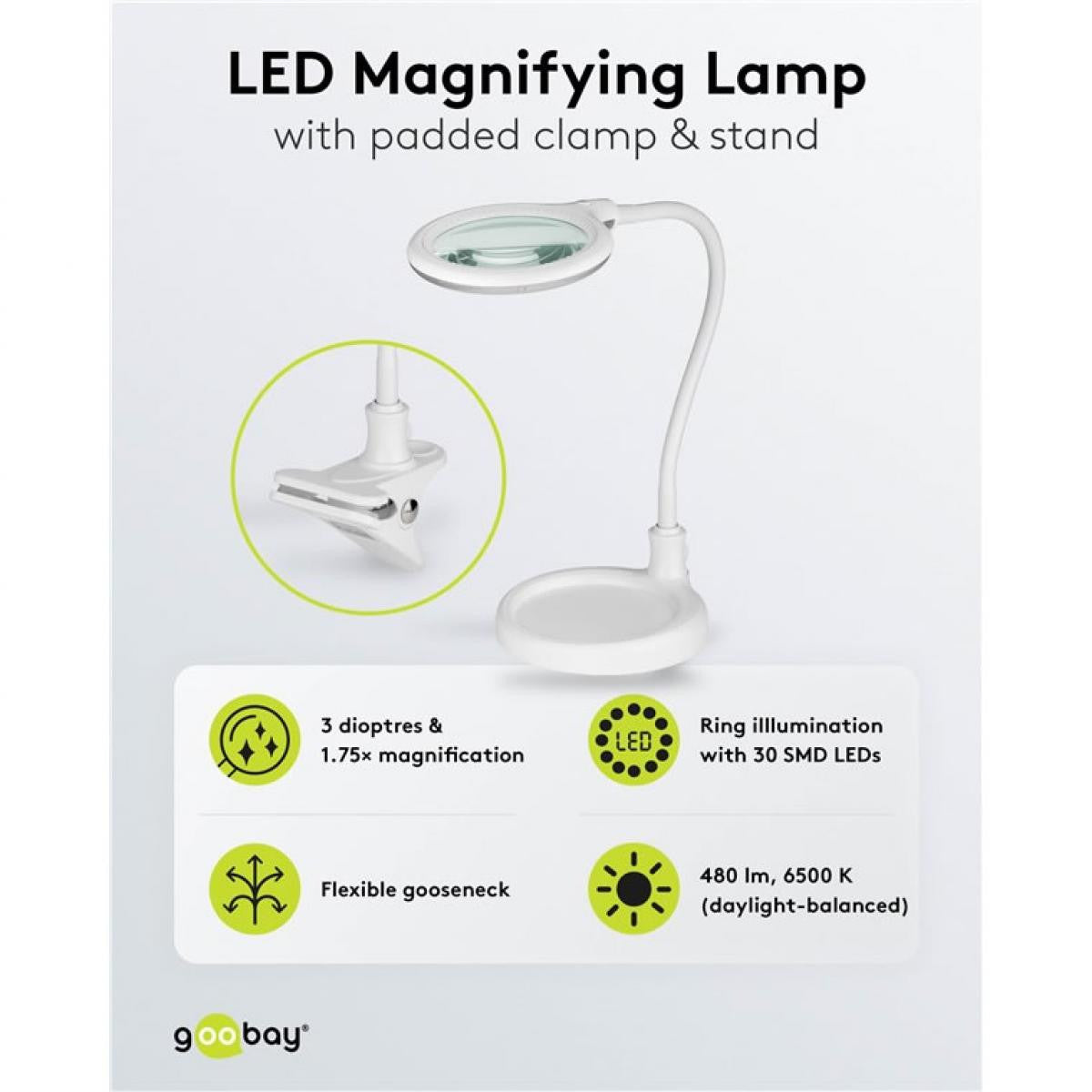 Lámpara LED con lupa de pie/pinza | 6 W | Blanco