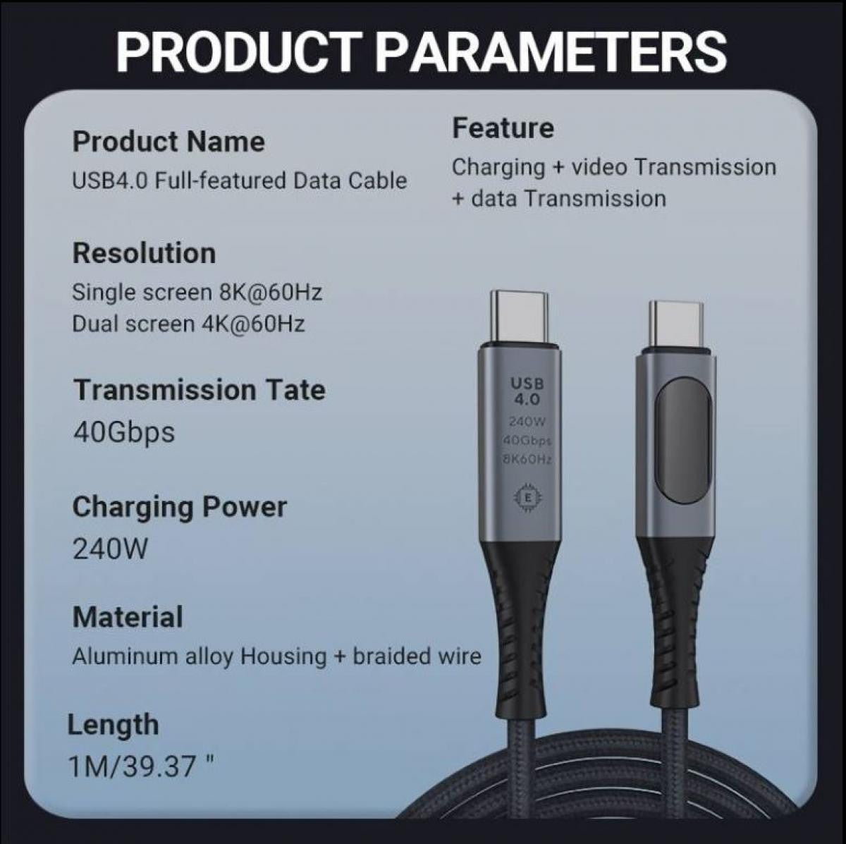 Cable USB 4.0 de 1 metro | 40Gbps | 240W | Soporte de Pantalla 8K | con Monitoreo de Potencia en Tiempo Real