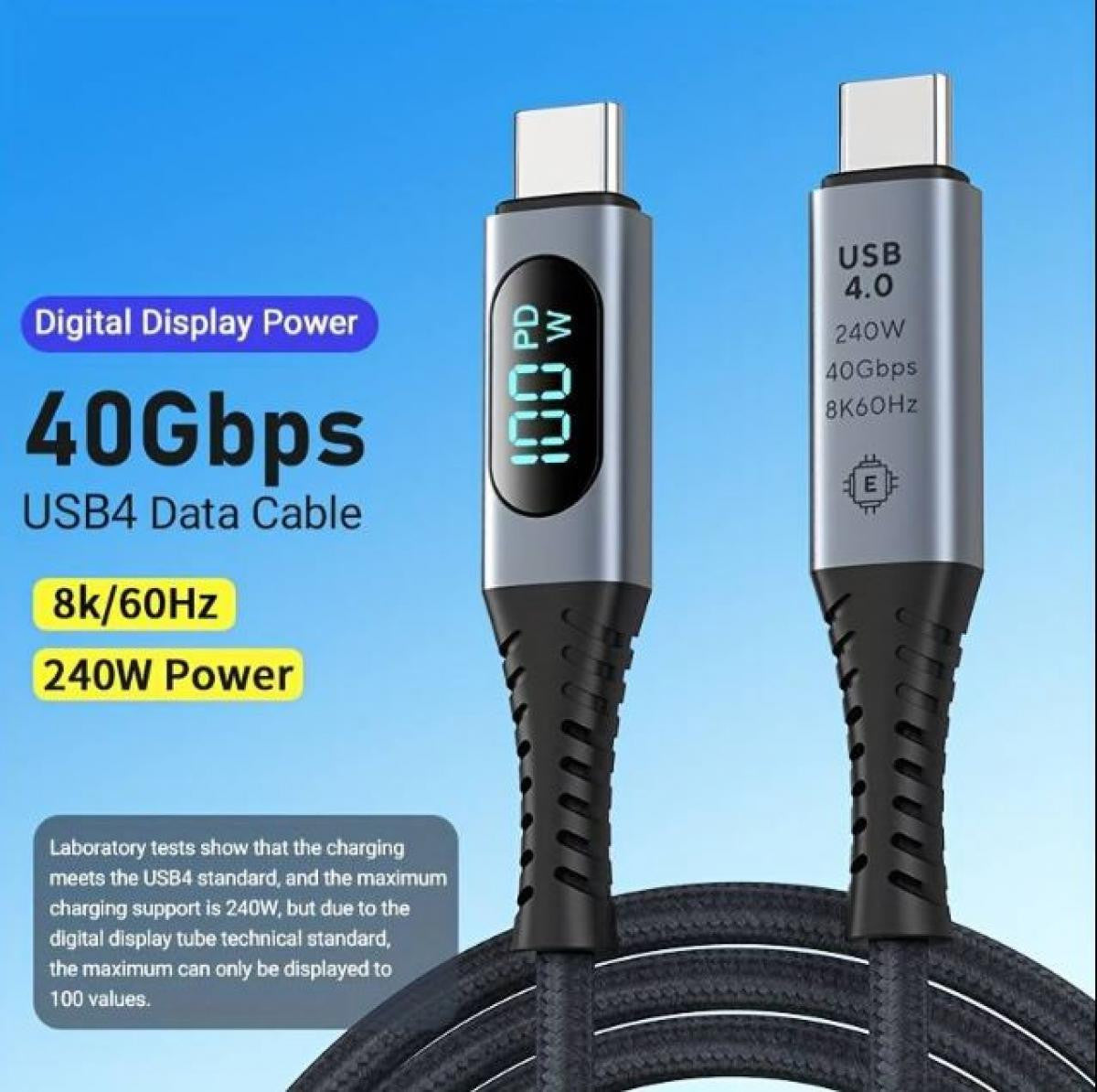 Cable USB 4.0 de 1 metro | 40Gbps | 240W | Soporte de Pantalla 8K | con Monitoreo de Potencia en Tiempo Real