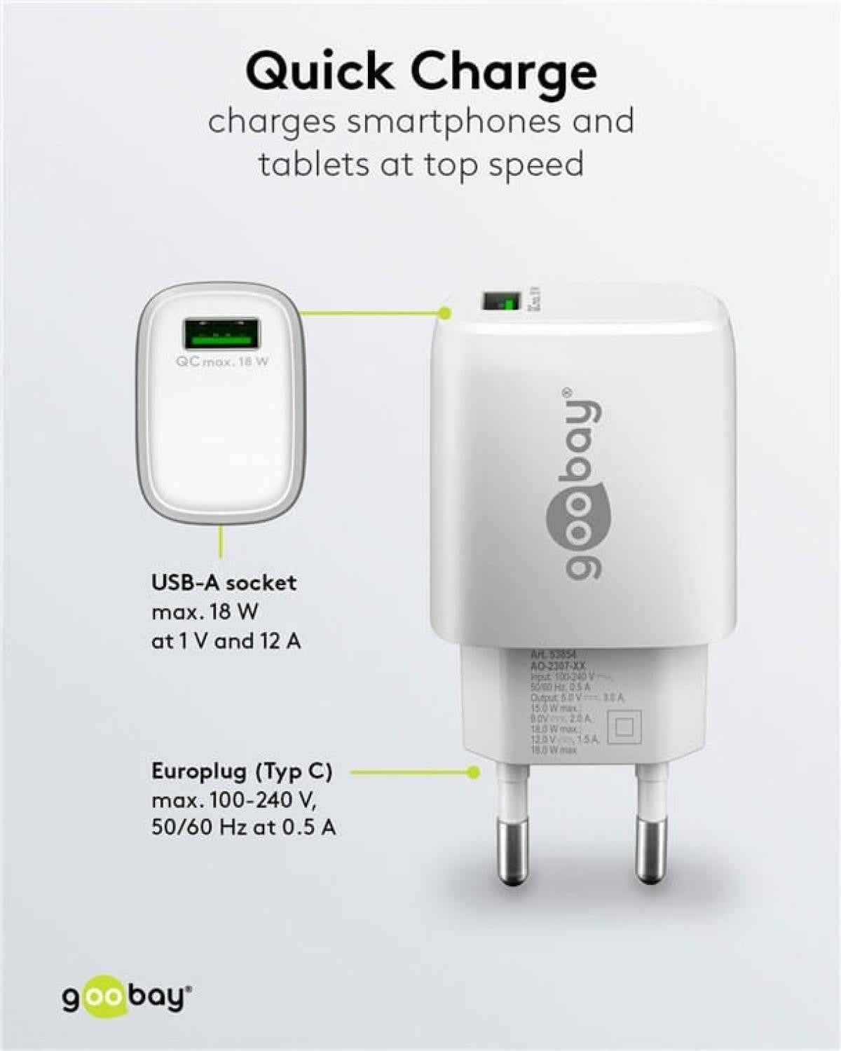 Cargador rápido USB-A Quick Charge de (18 W) -  Blanco