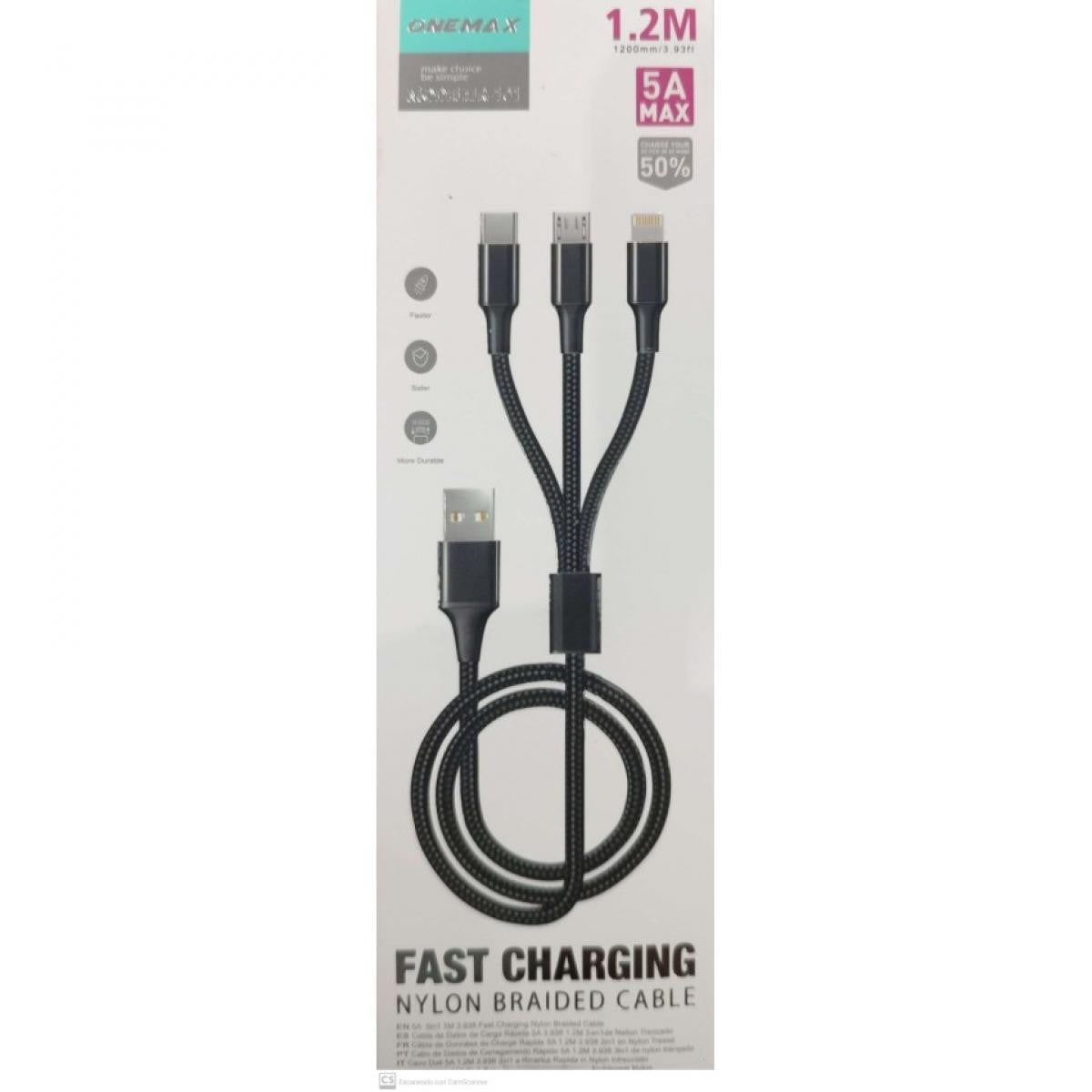 Cable con conexión de USB tipo A a TRES SALIDAS - Tipo C - Micro USB y Lightning - Negro