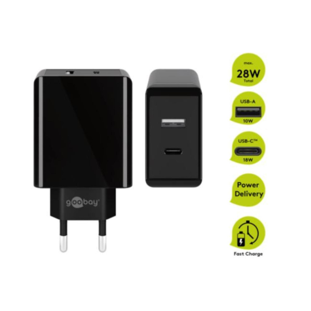 Cargador Rápido Dual USB-C PD (Power Delivery) (28W) Negro