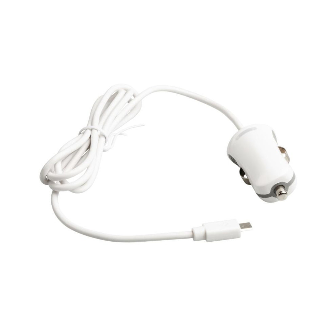 Cargador de coche a Micro USB 5v y 2.1A con Conector Automóvil de 12V y cable de 1 m en color blanco