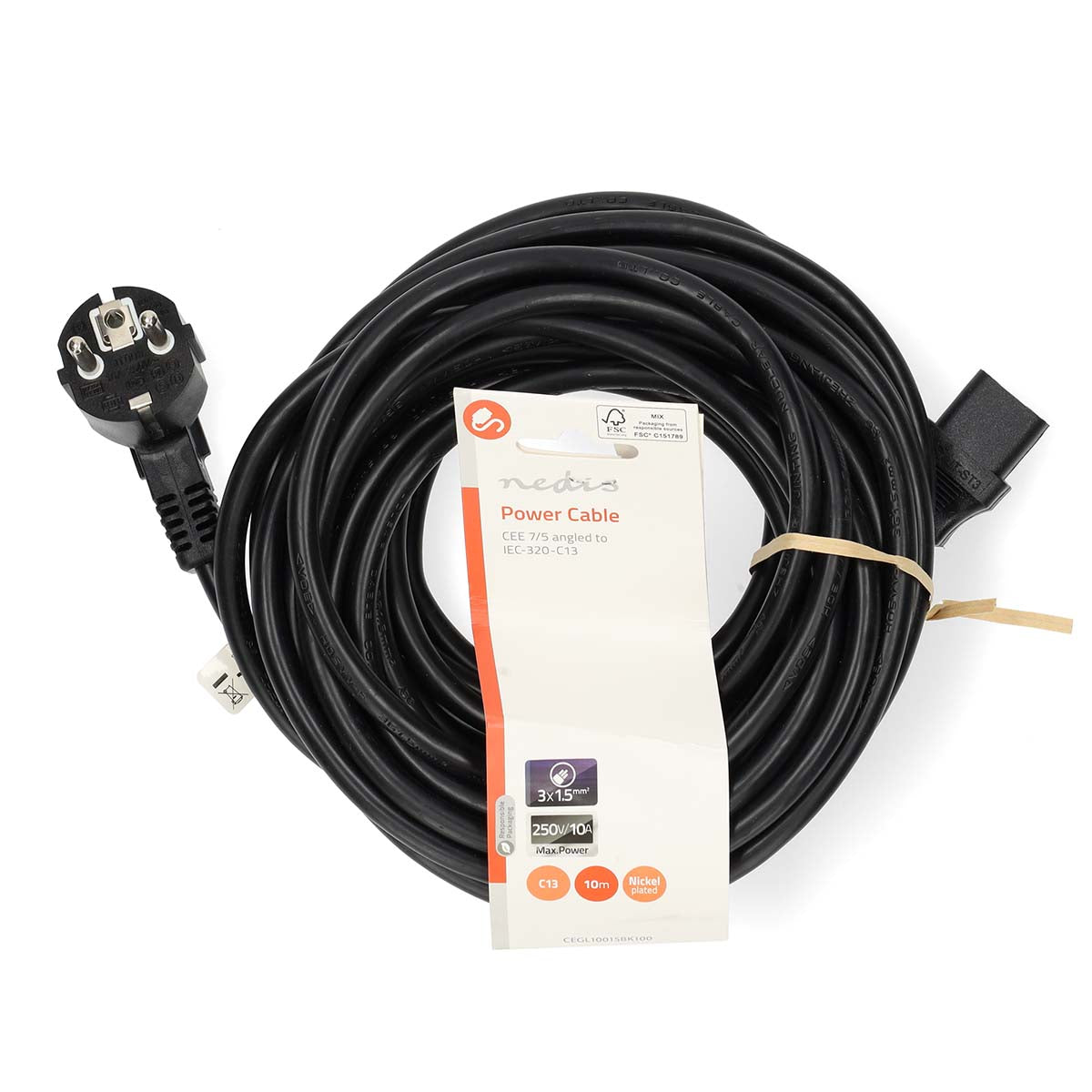 Cable Alimentación | IEC-320-C13 | Angulado | Recto | Niquelado | 10.0 m | Redondo | PVC | Negro